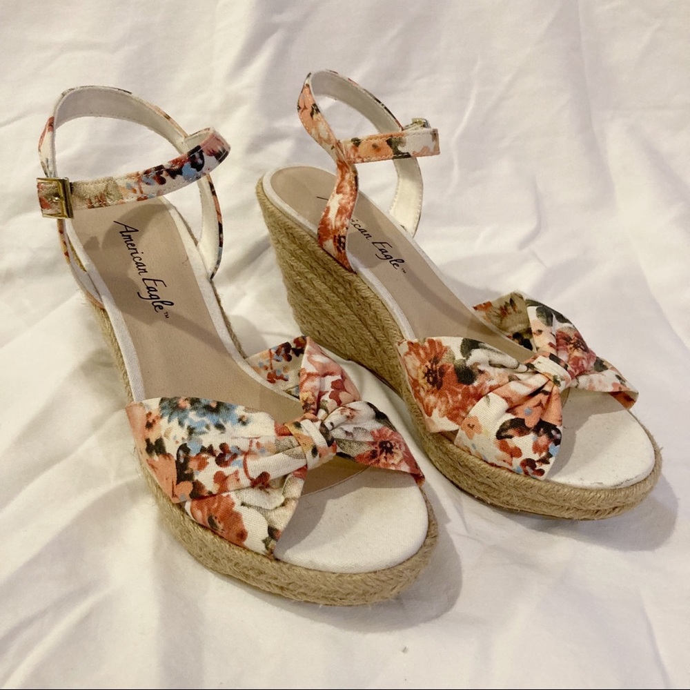American Eagle Floral Espadrille Platform Wedge Sandals with 3” Jute Heel